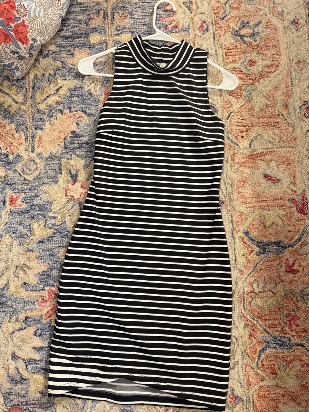 Sleeveless Black & White Striped Mock Neck Bodycon Dress